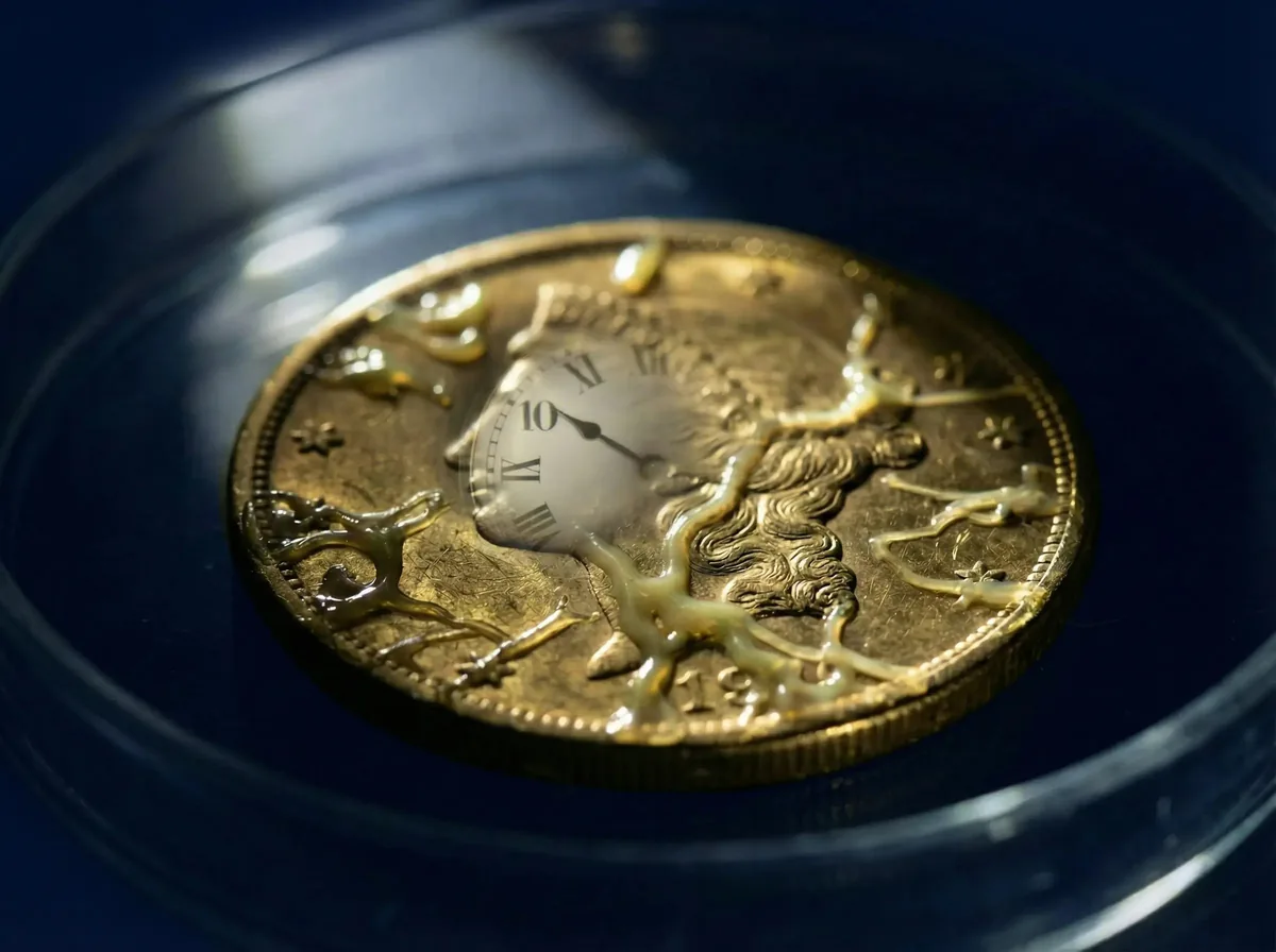 A gold coin with a melting clock face and creeping tendrils across its surface