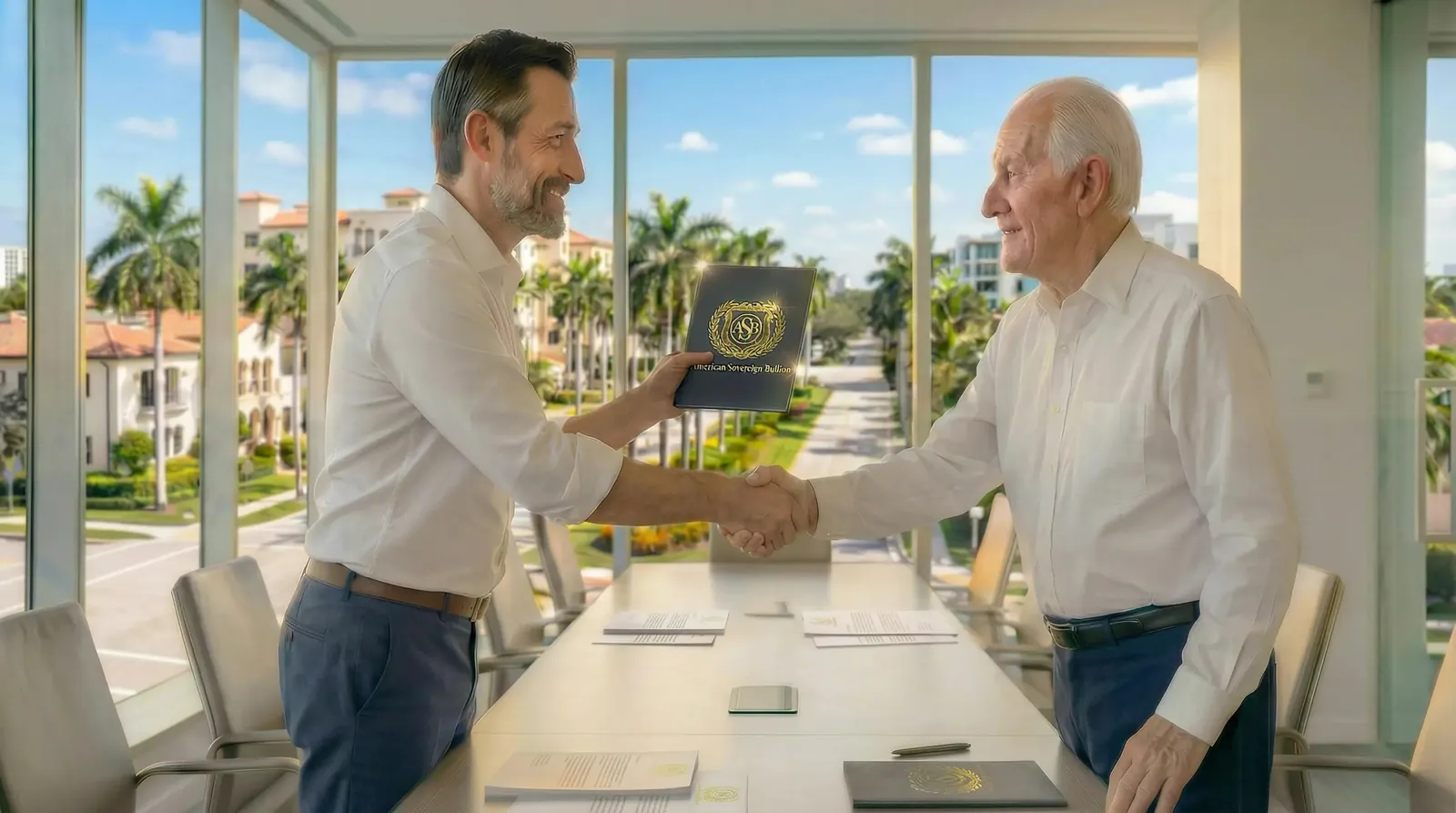 An American Sovereign Bullion specialist shaking hands with a client over a signed agreement